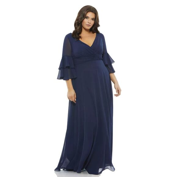 NWT Mac Duggal 67913 Long Sleeve V Neck‎ Chiffon A-Line Gown Plus 22W Navy $398 - Picture 1 of 5
